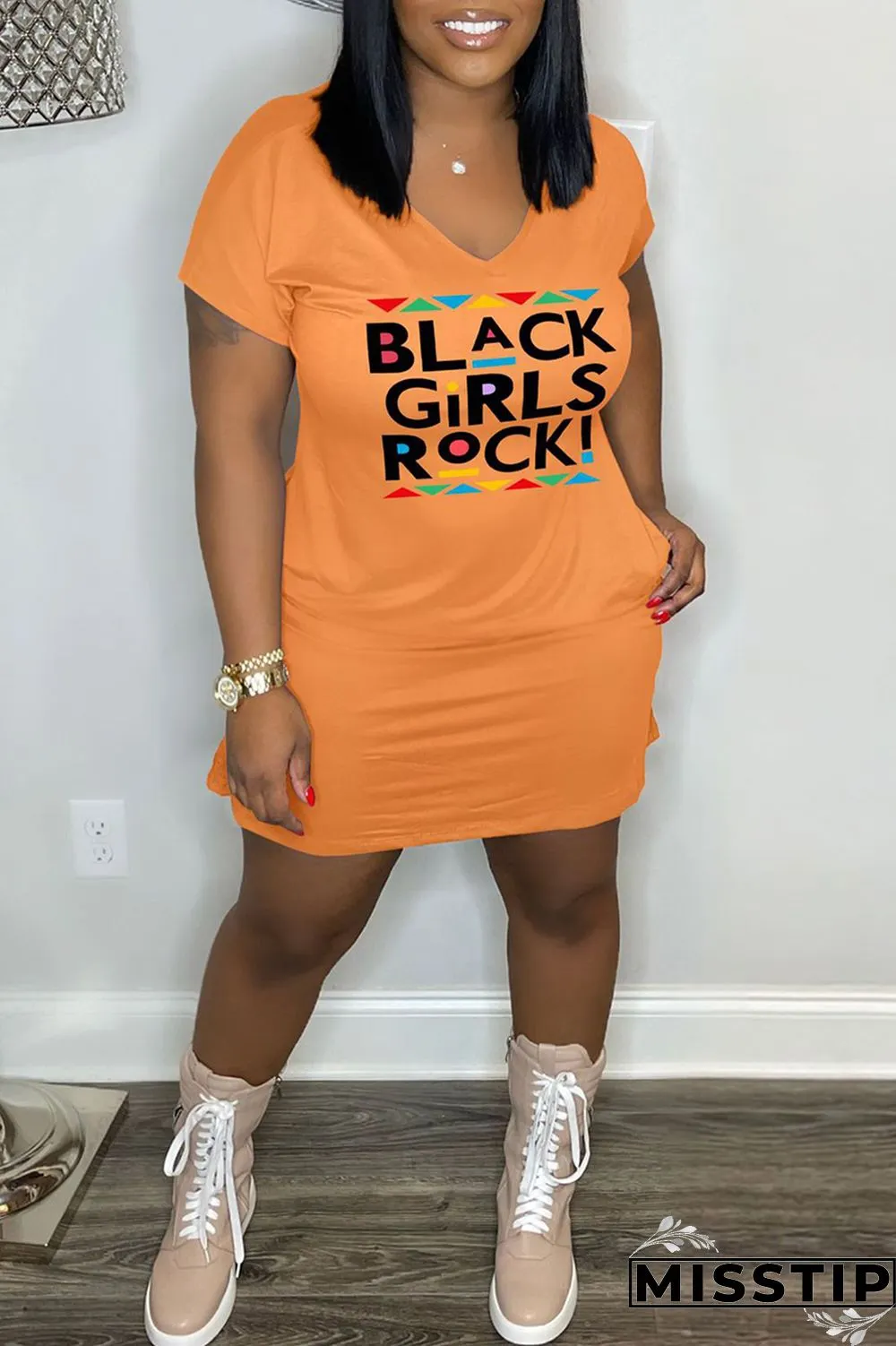 Orange Casual Print Basic V Neck Short Sleeve Dress