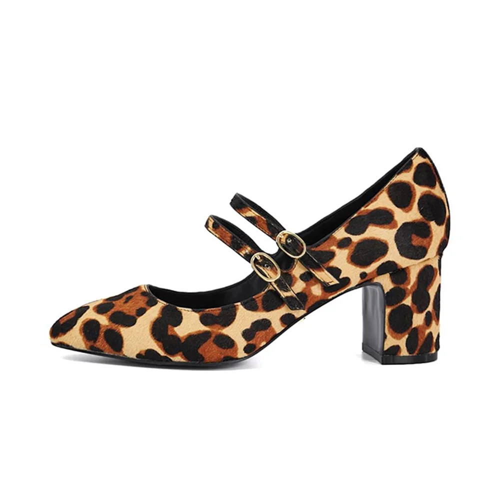 Beige Cheetah Pattern Closed Toe Block Heel Buckle Mary Jane Pumps