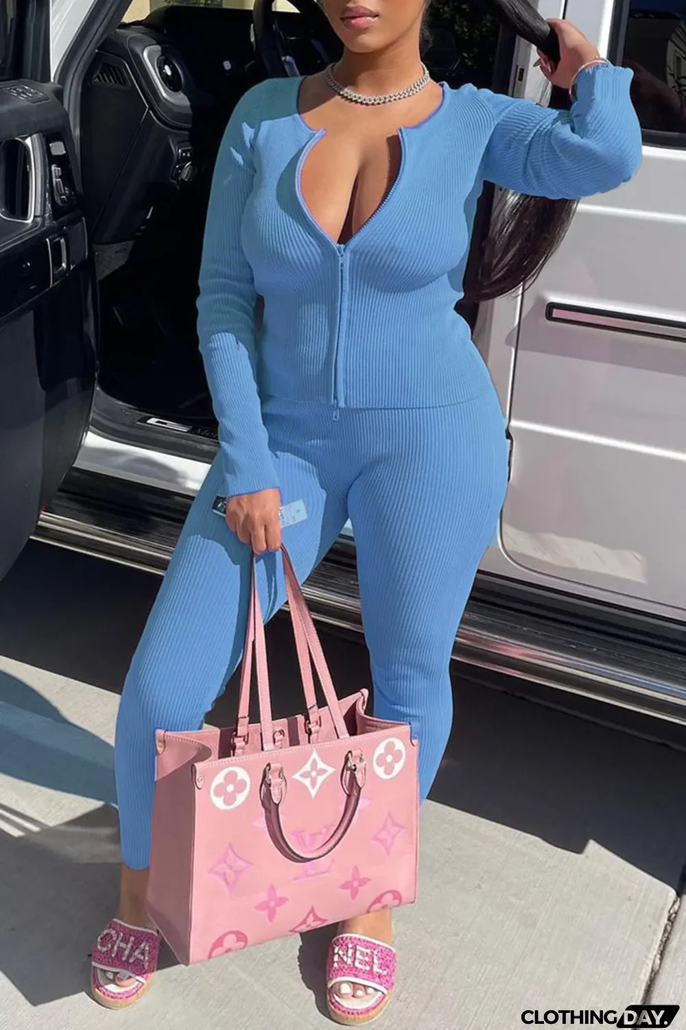 White Casual Solid Split Joint Zipper Long Sleeve Two Pieces