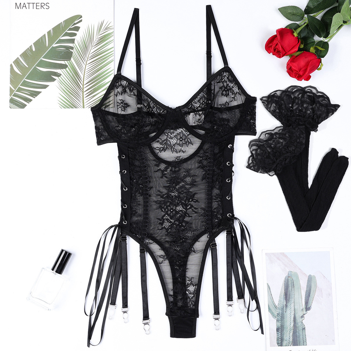 Lovingerie - Lightweight Lace Cross Lace-up Cutout Ribbon Adjustable Jumpsuit