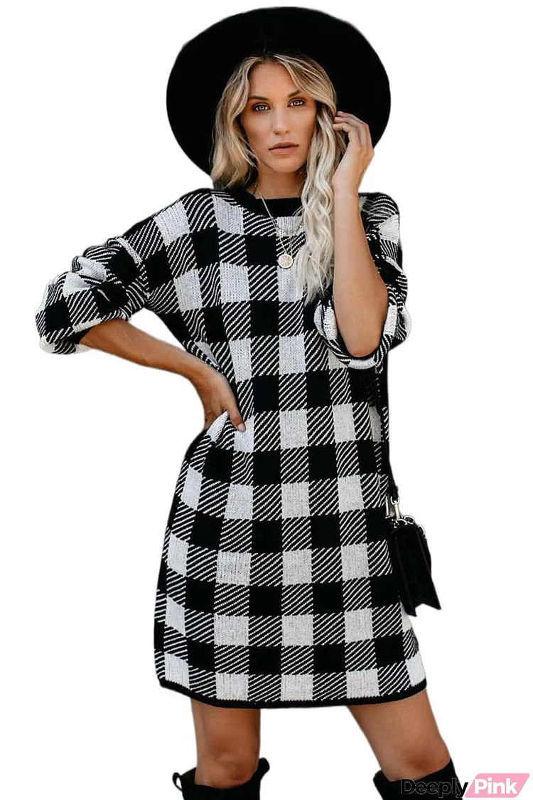 Gingham Balloon Sleeve Sweater Dress