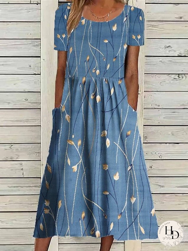 Casual Dress Summer Dress Print Dress Floral Pocket Print Crew Neck Midi Dress Fashion Streetwear Outdoor Daily Short Sleeve Loose Fit White Blue Dark Blue Summer Spring S M L XL XXL for Women
