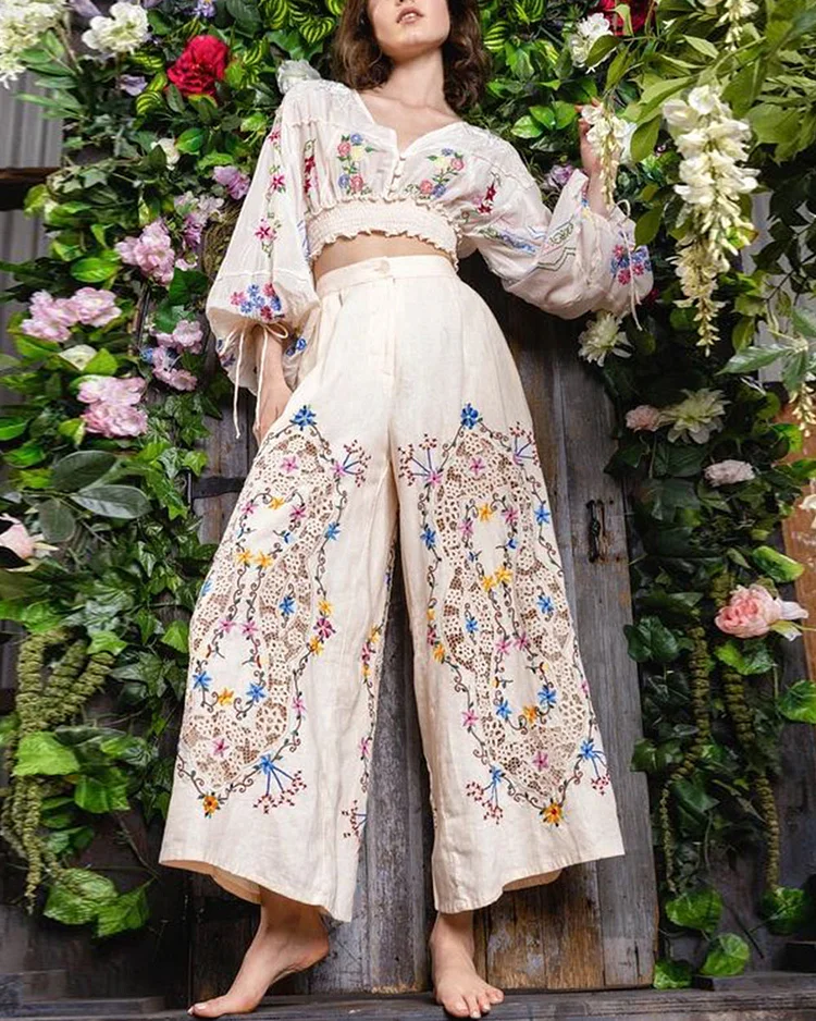 Pastoral Floral Embroidered Top and Pants Two-Piece Set