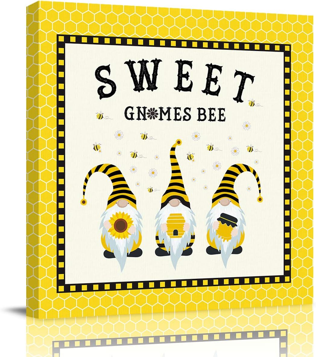 DoremiHome Sweet Gnomes Bee Artwork Painting on Canvas, Decorative Wall Art Canvas Prints for Living Room Bedroom Bathroom Wall Decor 8x8 inch, Daisies Yellow Hive, 8x8 inch