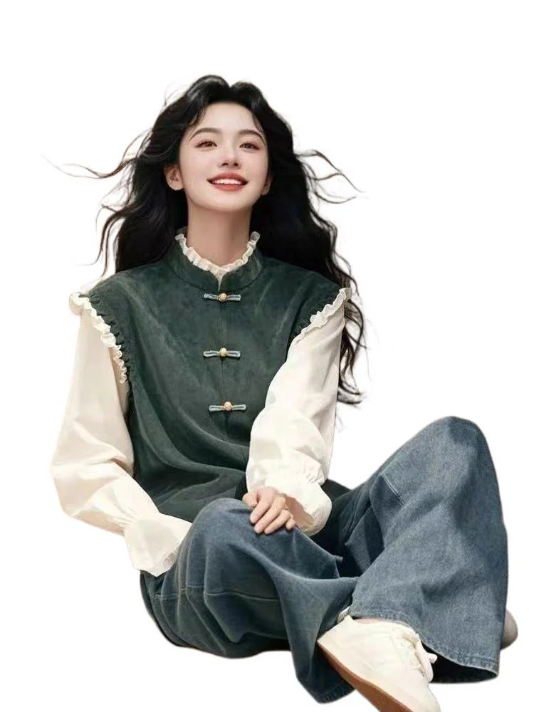 Athvotar Athvotar Chinese Green Fake Two-Piece Buckle Long-Sleeved Shirt Woman In The Spring Of 2025 New National Style Unique Special Top