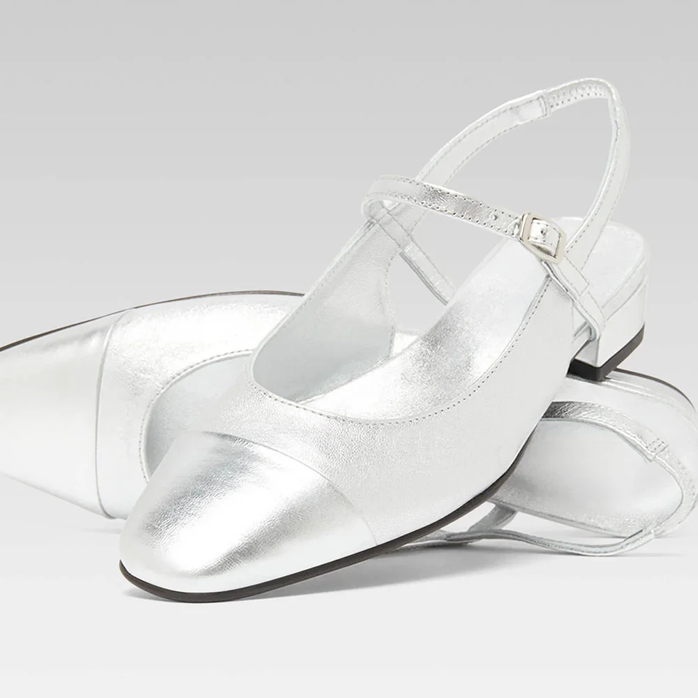 Comfy Silver Square Toe Flat Mary Jane Slingback Shoes with Buckle