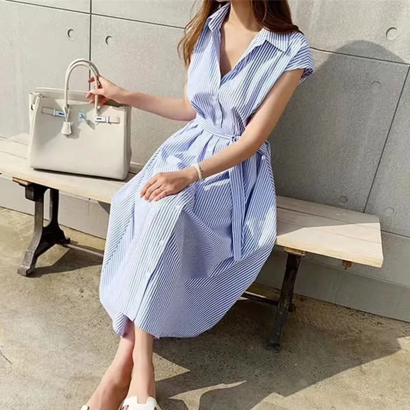 2021 Summer Plus Size Long Shirt Dress Casual Sleeveless Blue Striped Dresses for Women Loose Lace Up Dresses Robe Femme 10389