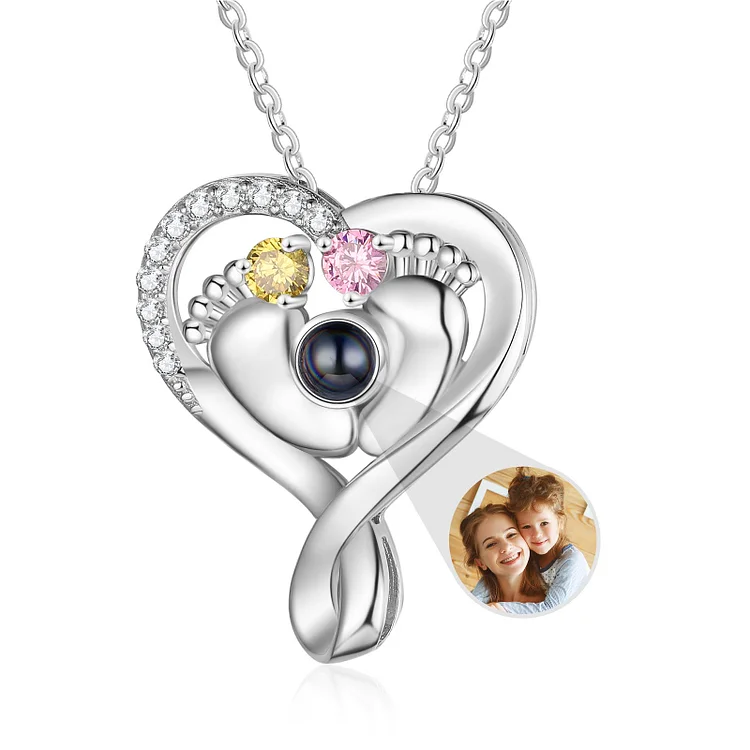 Personalized Baby Feet Projection Necklace Custom Photo Heart Necklace with Birthstone for Mother