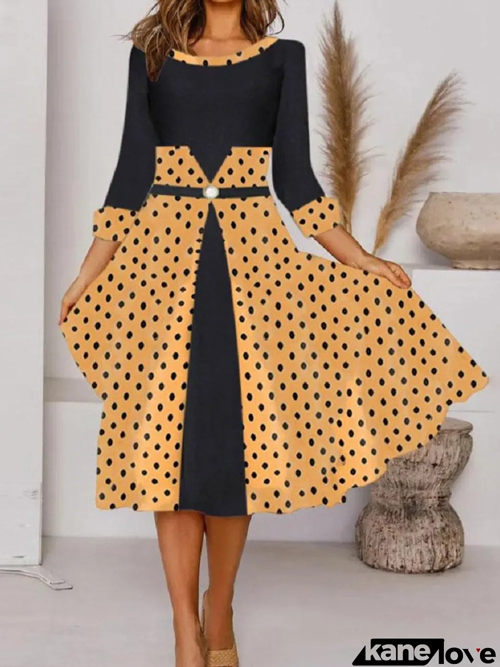 Women Long Sleeve Scoop Neck Printed Midi Dress