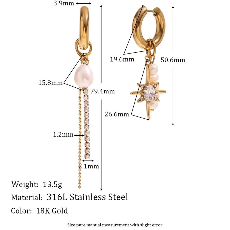 1 Pair 316L Stainless Steel  Freshwater Pearl Star Drop Earrings