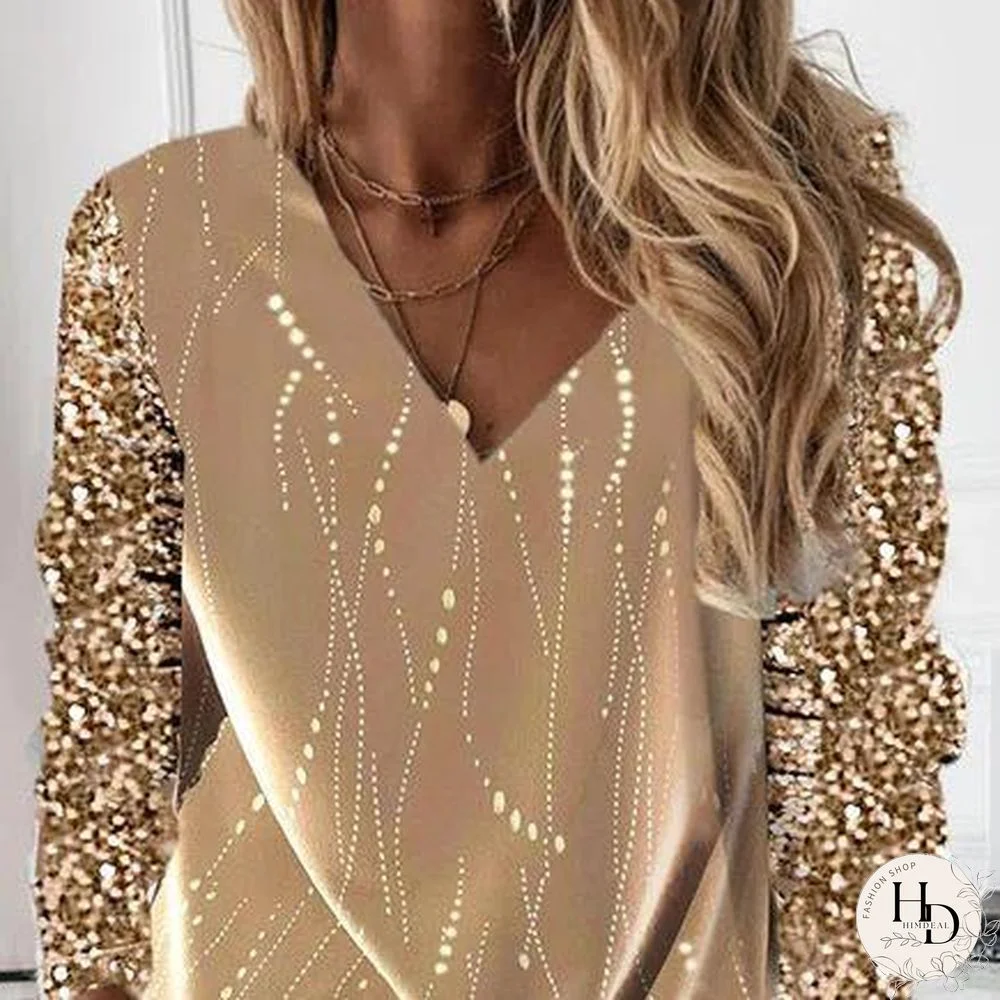 V-Neck Golden Sequined Sleeve Top
