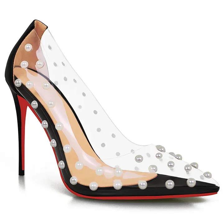 100mm Women's Pumps Pointed Toe Women High Heel Shoes Fashion Pearl Studded PVC Clear Heels Party Dress Red Bottom Shoes VOCOSI VOCOSI