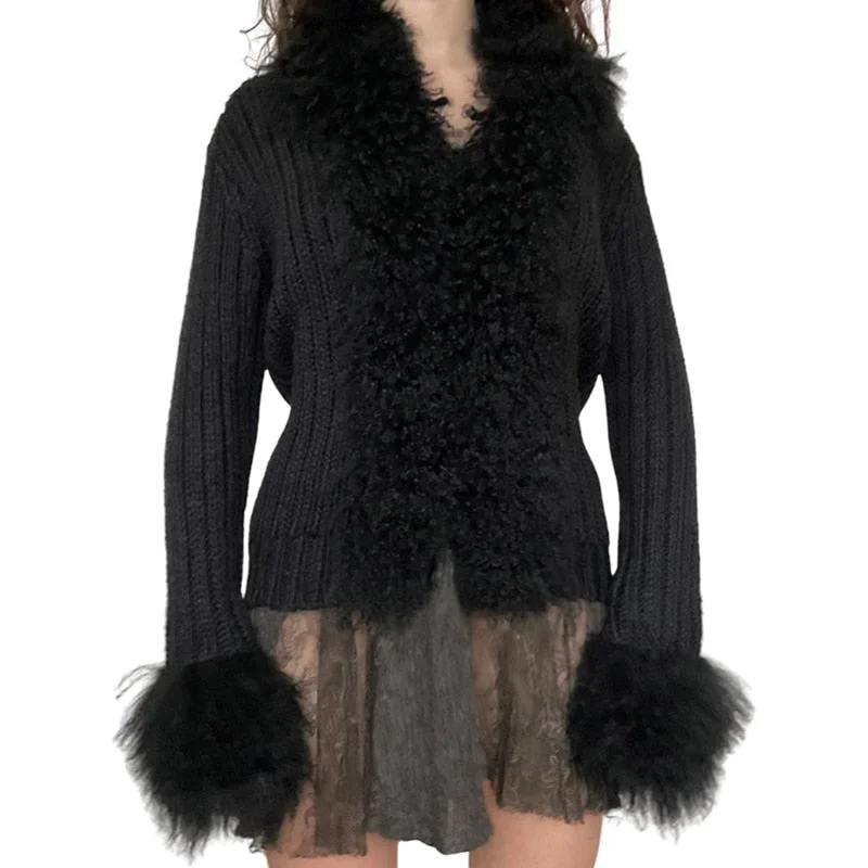 Xingqing Black Solid Knitted Y2K Cardigan Fur Trim Elegant Fashion Sweaters Women Long Sleeve Slim Autumn Winter Jackets Outwear