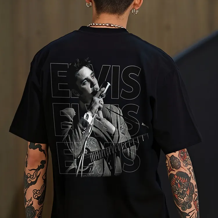 Elvis Presley Stacked Name Guitar Microphone Portrait Printed Men's T-shirt