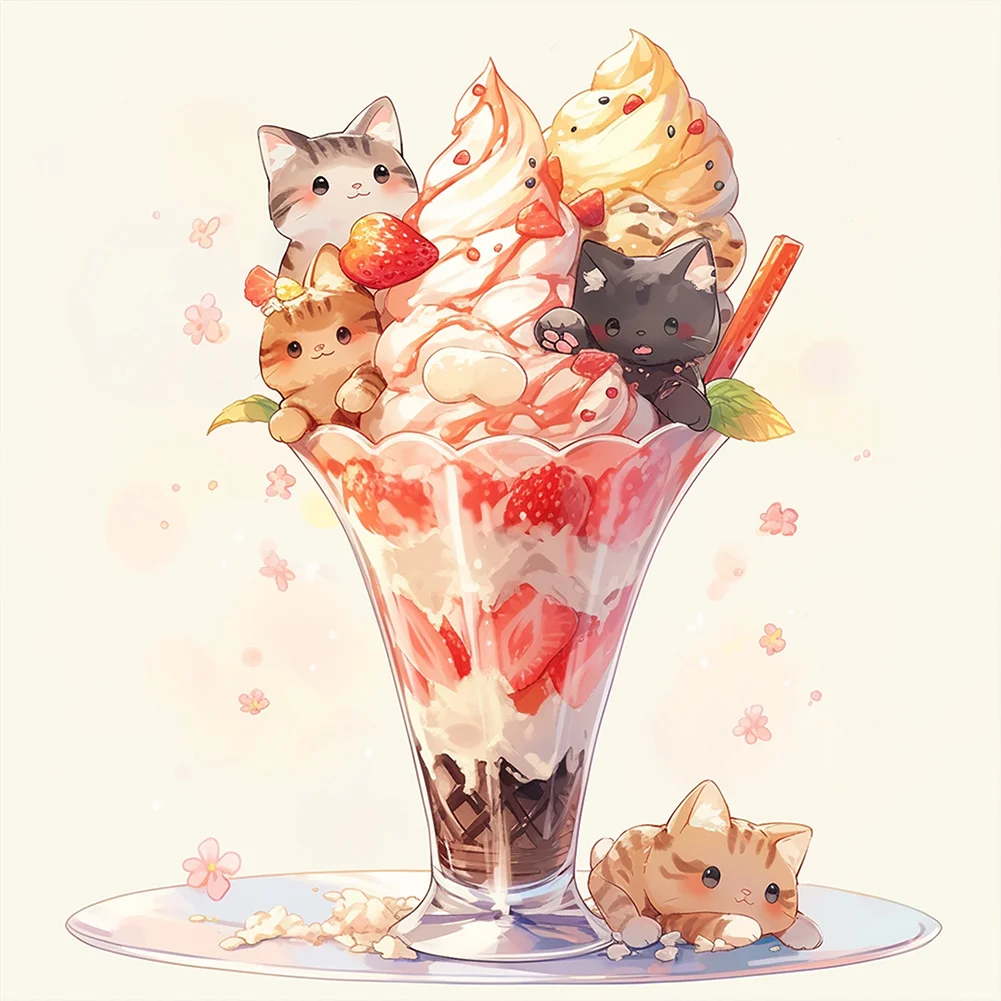 Partial AB Diamond Painting - Full Round Drill - Ice Cream Kitten(Canvas|45*45cm)
