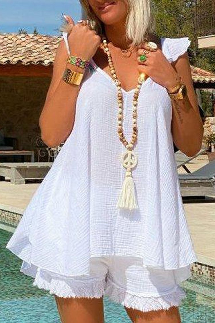 Xpluswear Plus Size White Daily Fringe Solid Two Pieces Short Sets