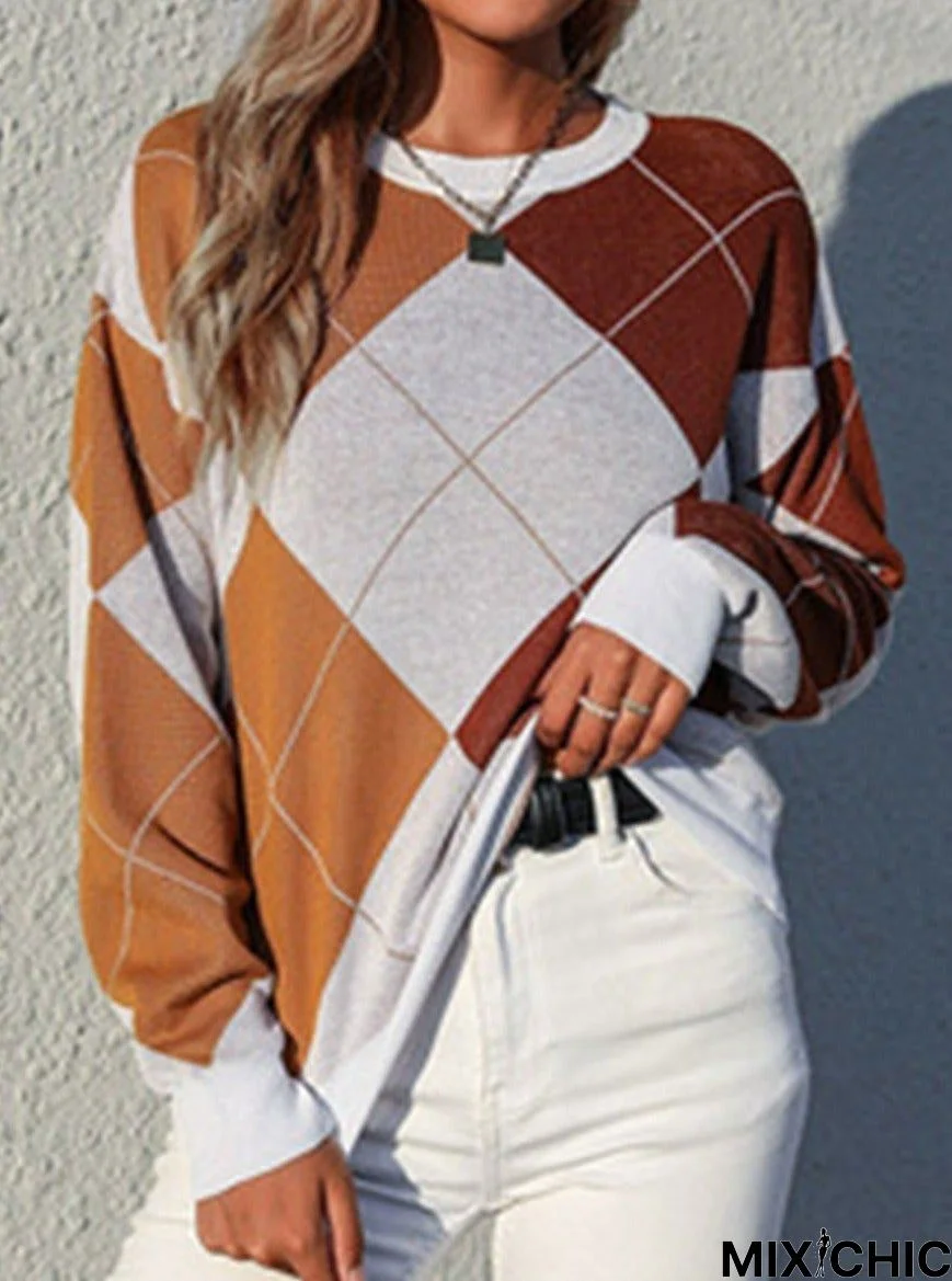 Fashion Rhombus Round Neck Long Sleeve Casual Pullover