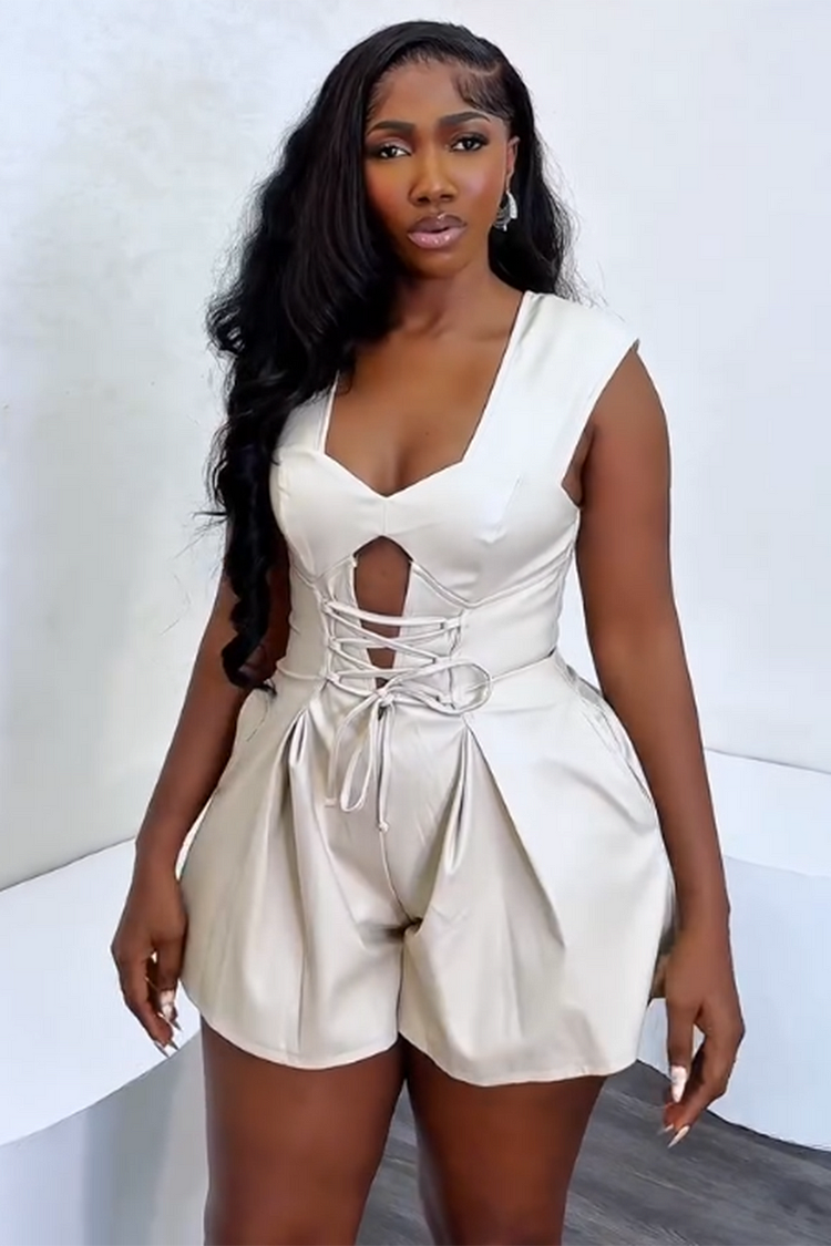 Sleeveless Lace-Up Cutout Flare Leg Daily Romper Playsuit-Beige [Pre Order]