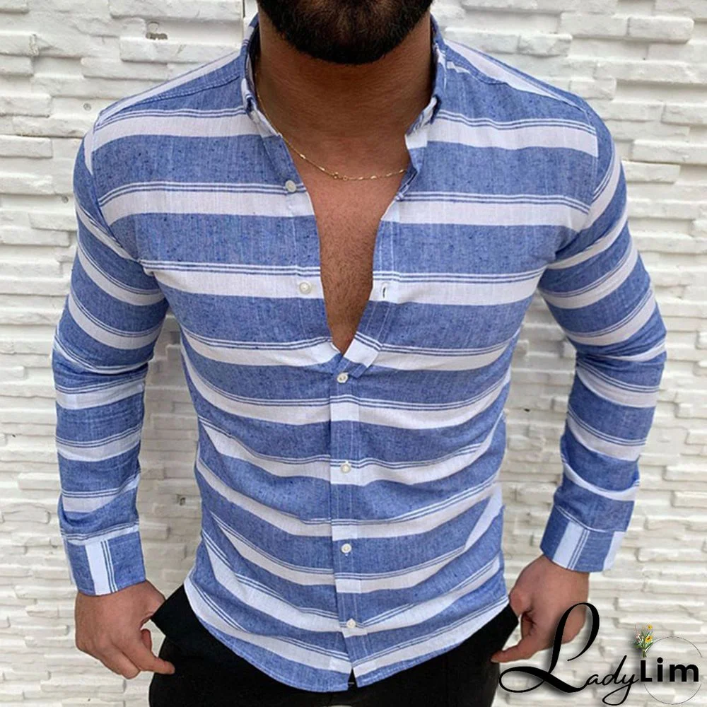 Blue Casual Striped Print Split Joint Buckle Turndown Collar Tops