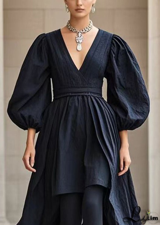 French Black V Neck Asymmetrical Cotton Dress Puff Sleeve