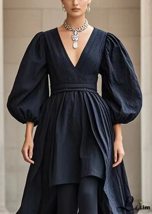 French Black V Neck Asymmetrical Cotton Dress Puff Sleeve