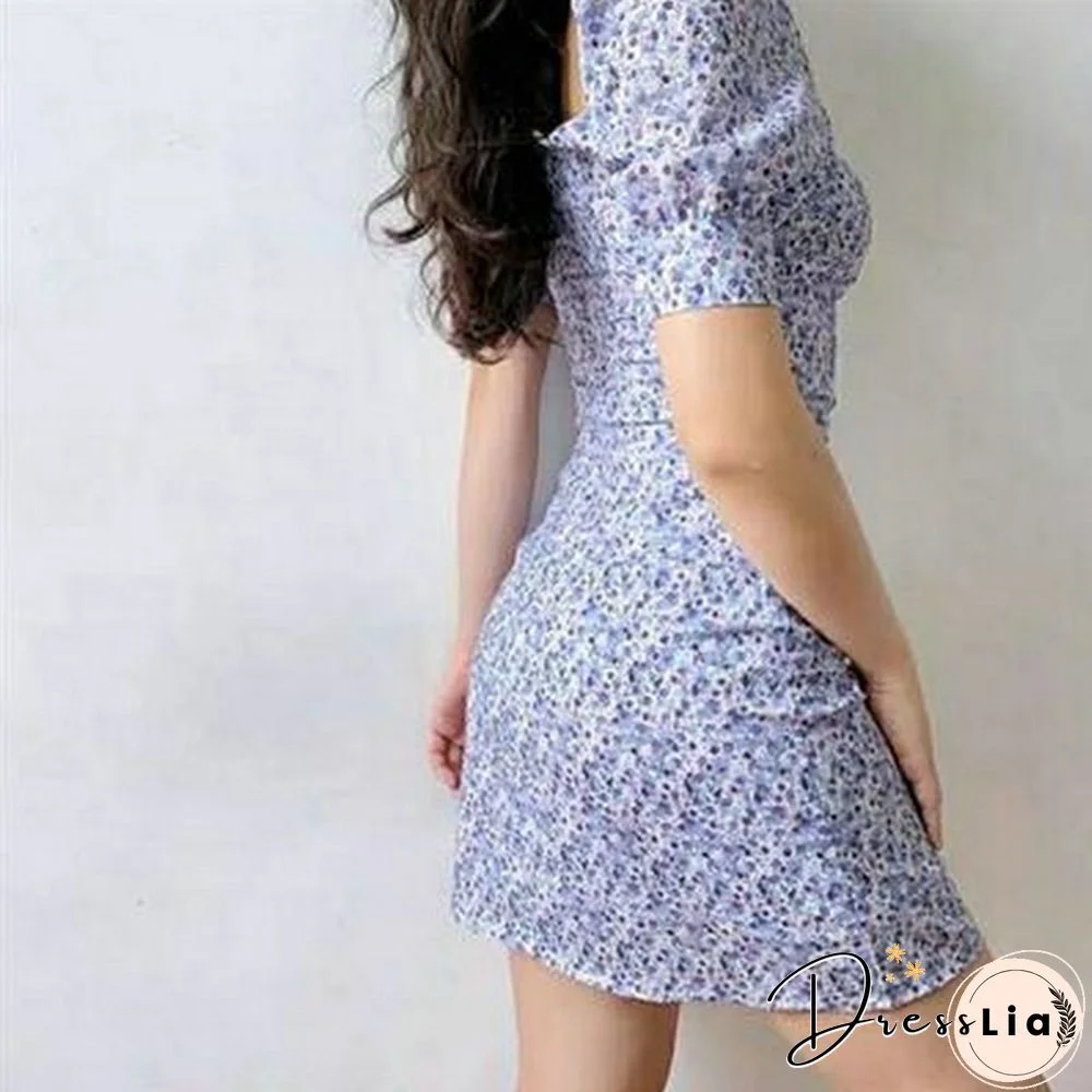 Summer Dress Retro Boho Women Tie Neck Floral Print Mini Sexy White Dress Elegant Puff Sleeve Dresses