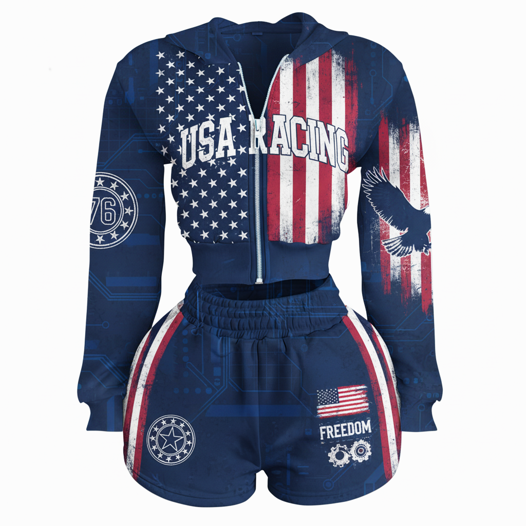 American Retro USA Stars And Stripes Short Hoodie Set - Helixace