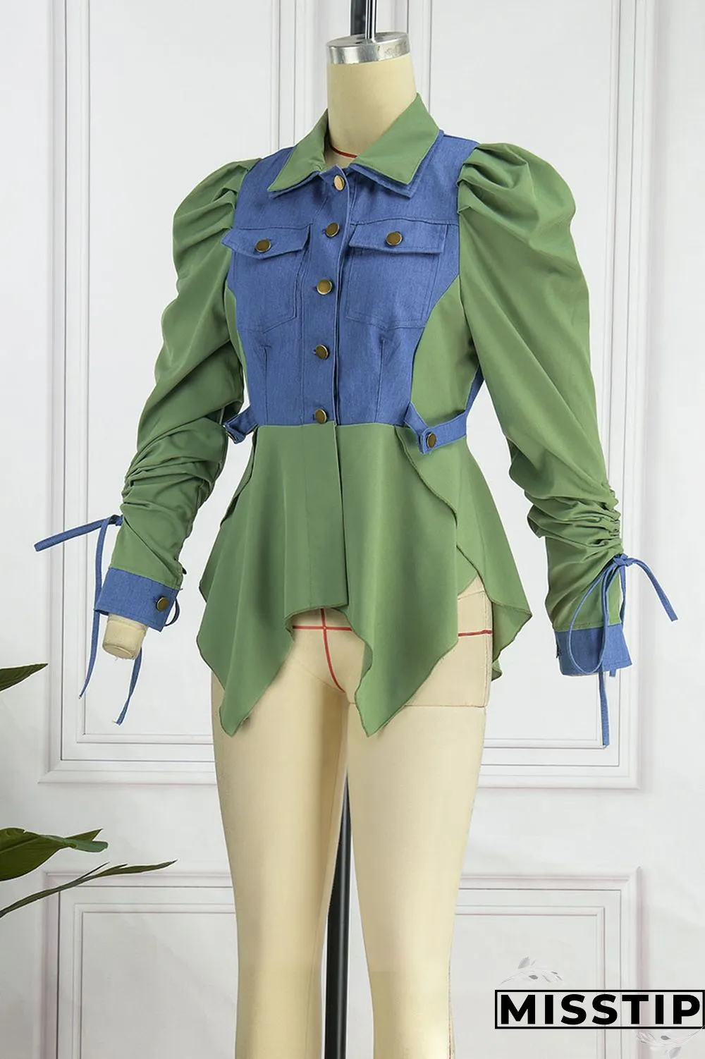 Green Casual Solid Patchwork Buckle Asymmetrical Turndown Collar Long Sleeve Straight