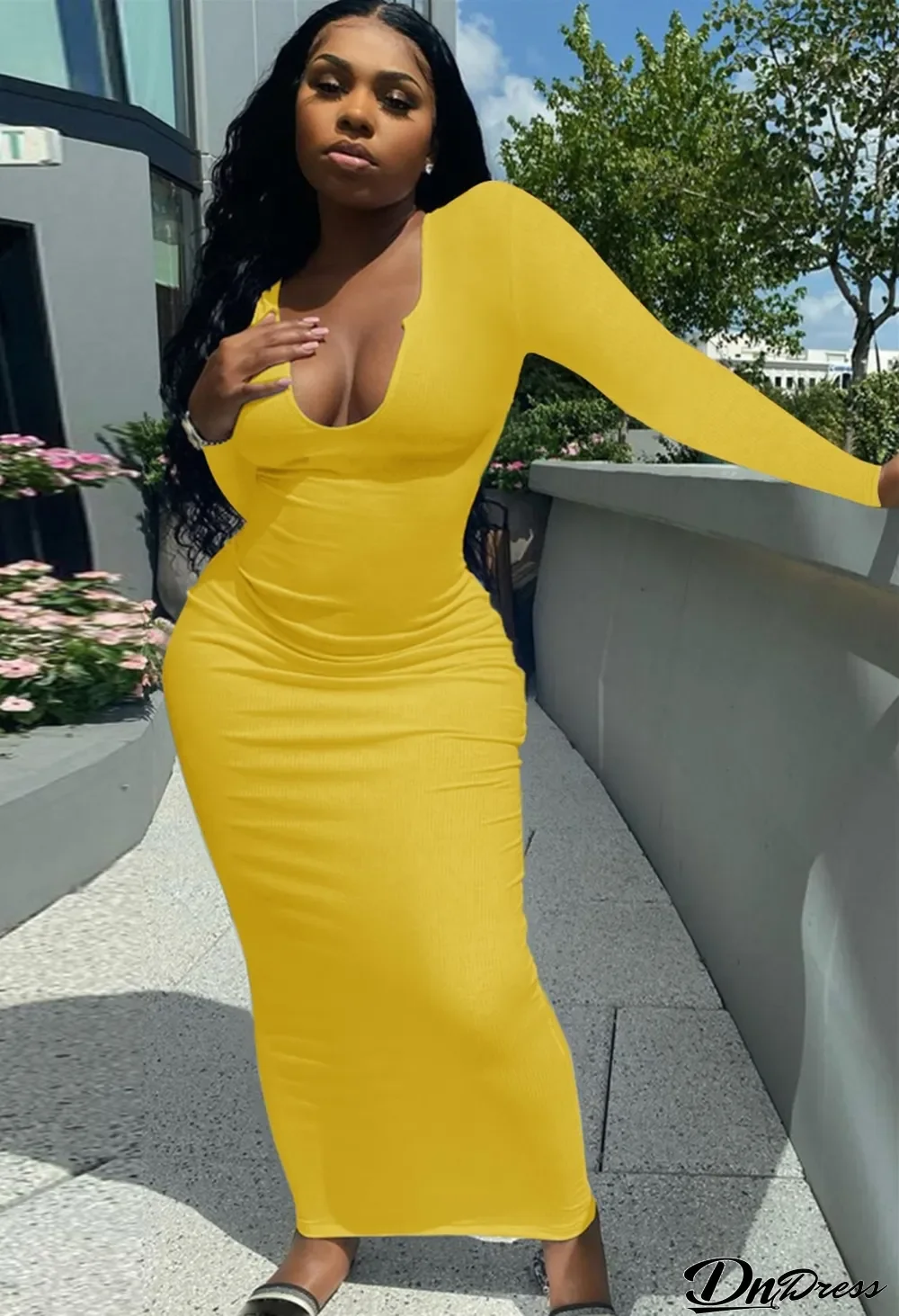 Autumn Yellow Ribbed Sexy Long Bodycon Dress with Full Sleeves