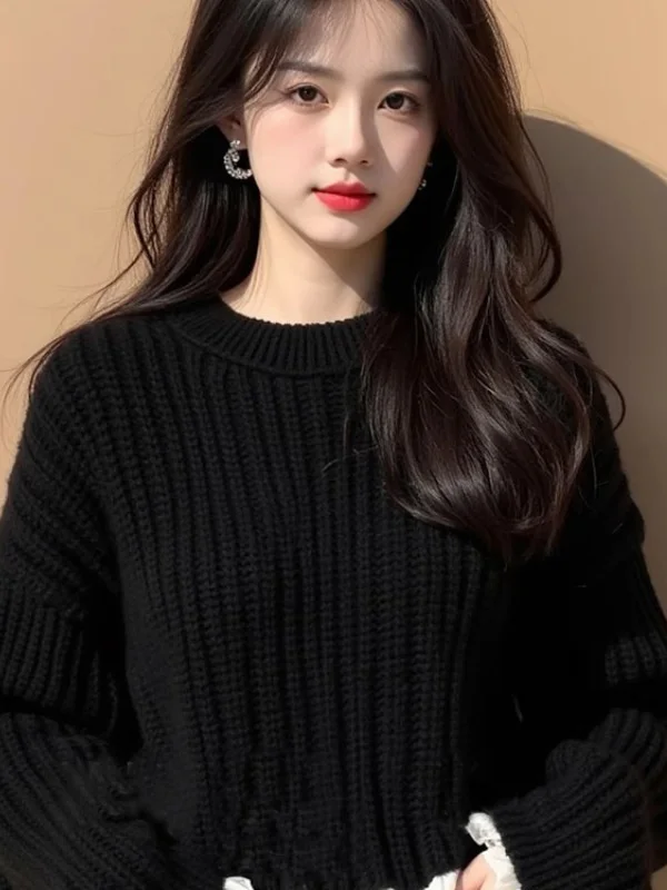 Athvotar Athvotar Heavy Industry Black Lace Sleeve Thick Line Sweater Women 2025 New Lazy High-End Feeling Small Knitted Top