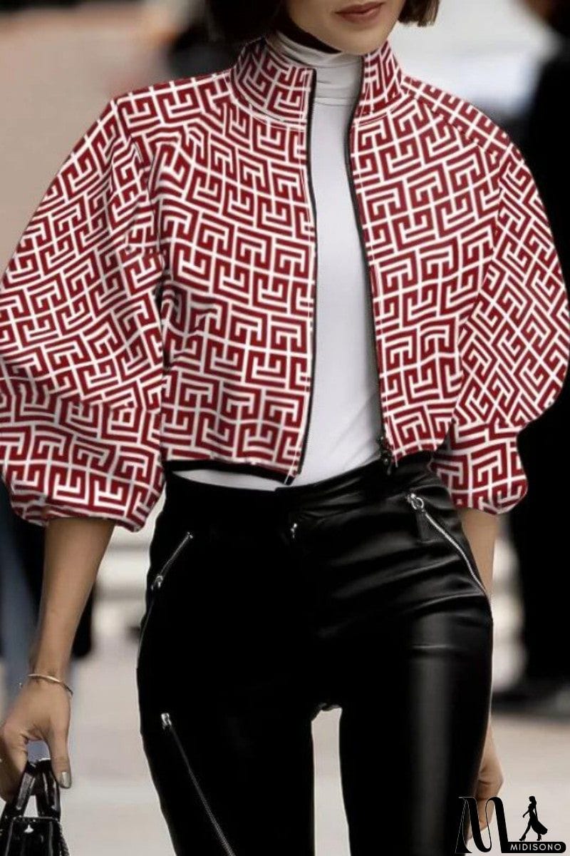 MidiSono - Casual Print Patchwork Mandarin Collar Outerwear