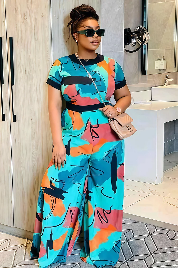 Abstract Print Short Sleeve Cinched Wide Leg Jumpsuit-Turquoise [Pre Order]