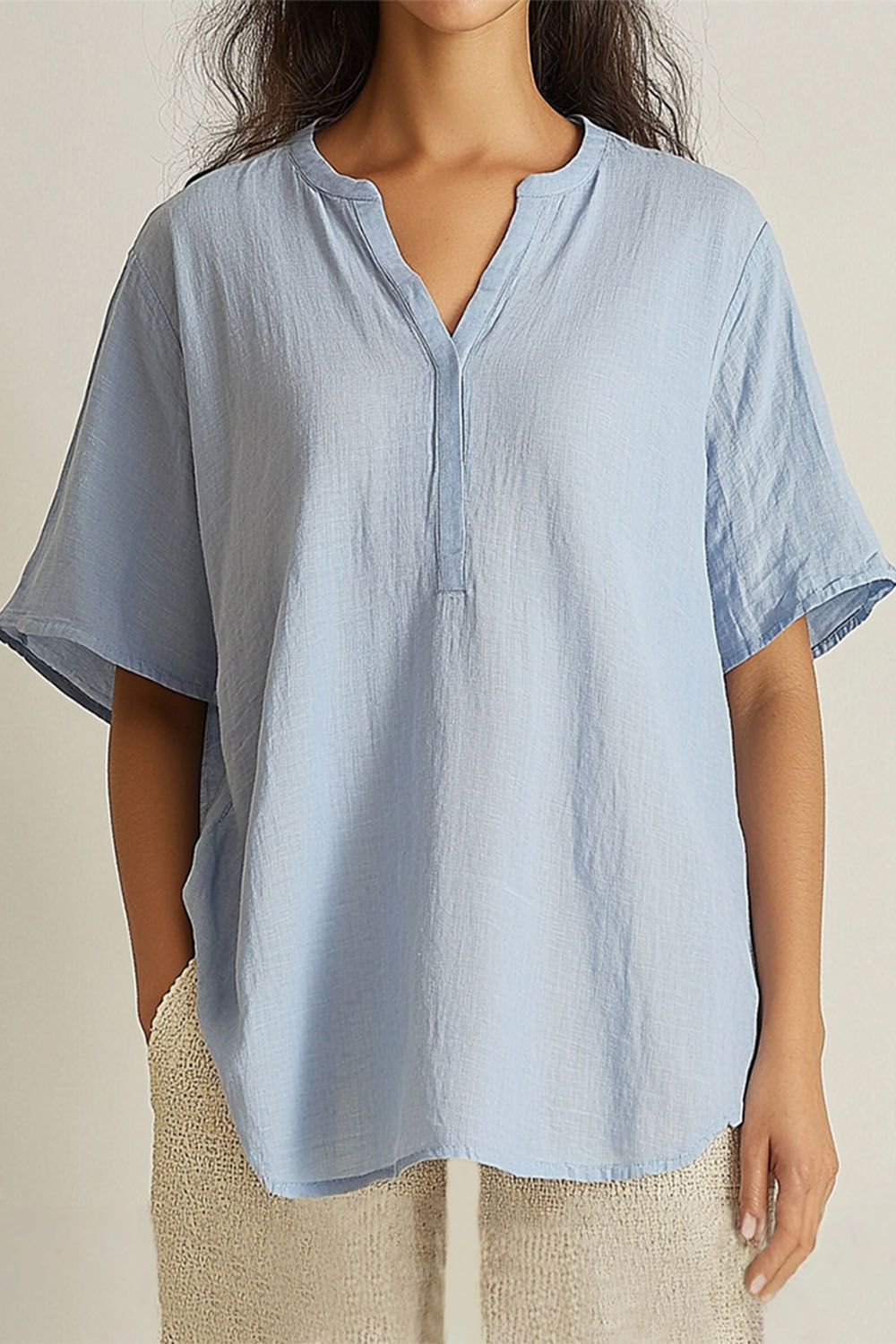 Plus Size Everyday Light Blue Cotton And Linen Short Sleeve Blouse 2024 - Flycurvy 