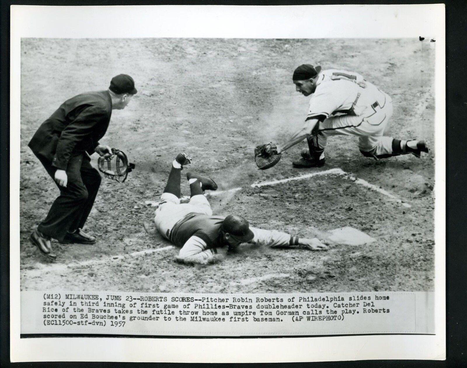 Robin Roberts Del Rice Tom Gorman 1957 Press Photo Poster painting Braves Philadelphia Phillies