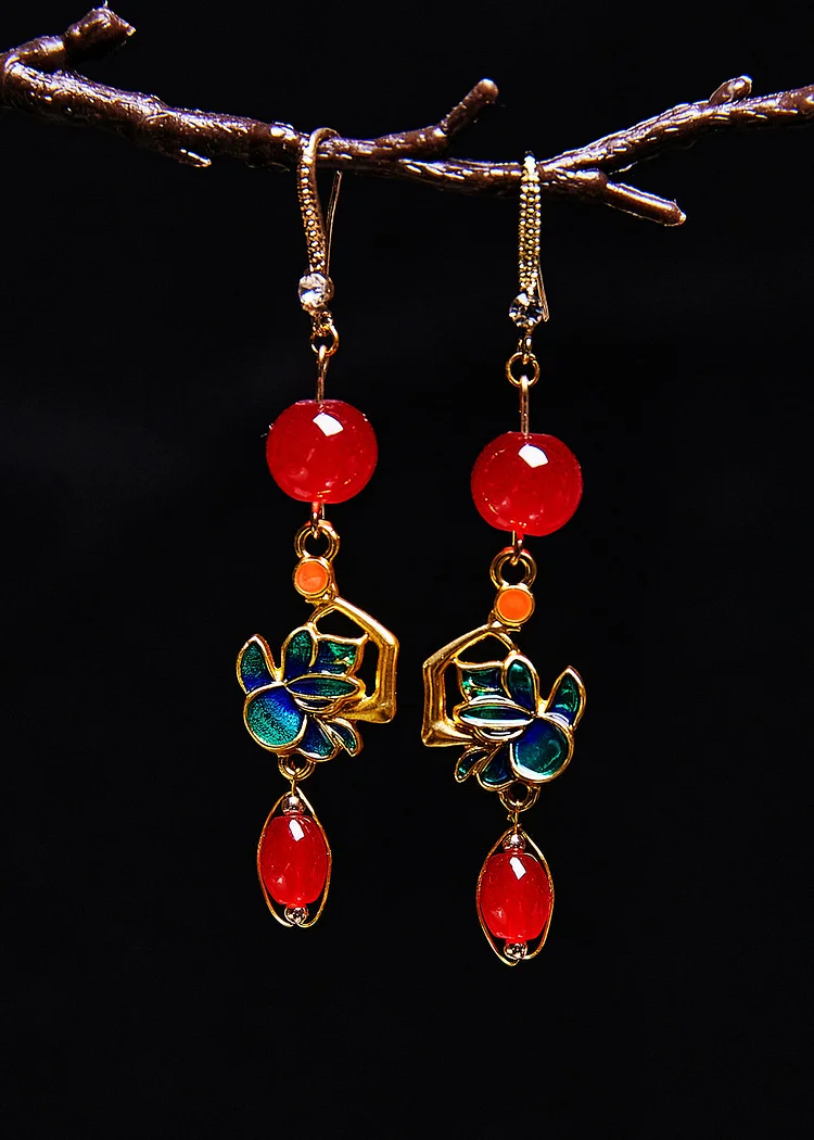 DIY Red Gem Stone Gilding Drop Earrings