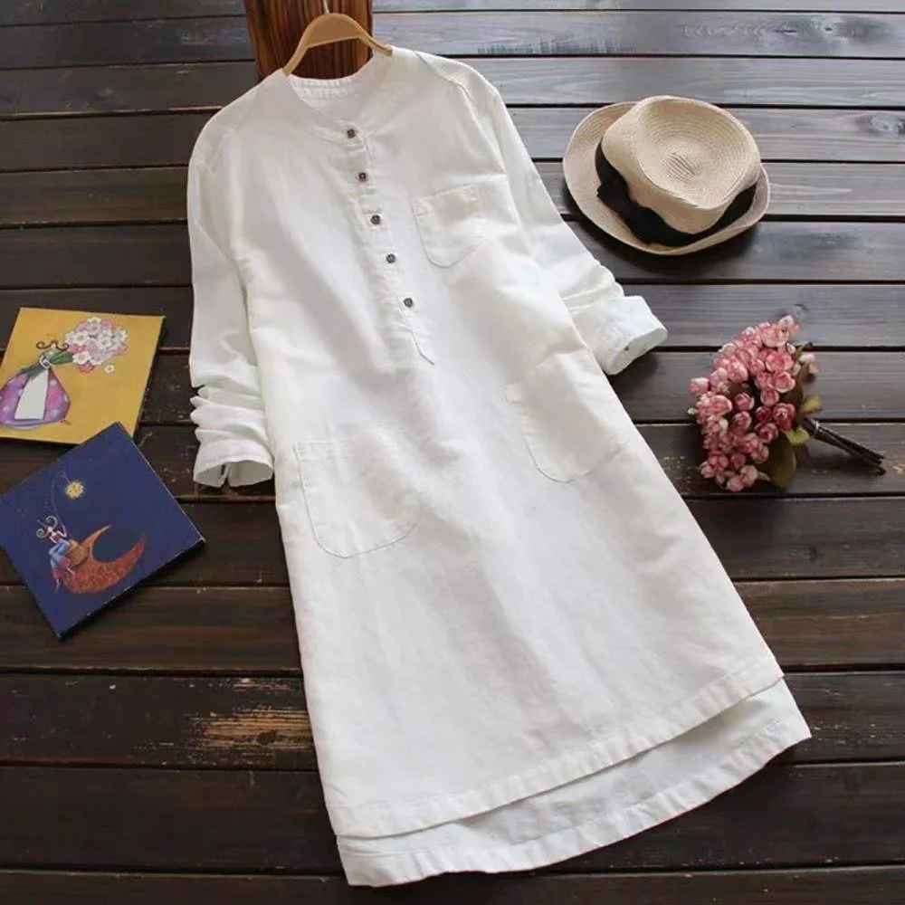 Vintage Solid Button Comfy Long Sleeve Midi Dress