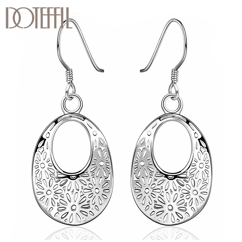 DOTEFFIL 925 Sterling Silver Patterned Oval Drop Earrings Charm Women Jewelry 