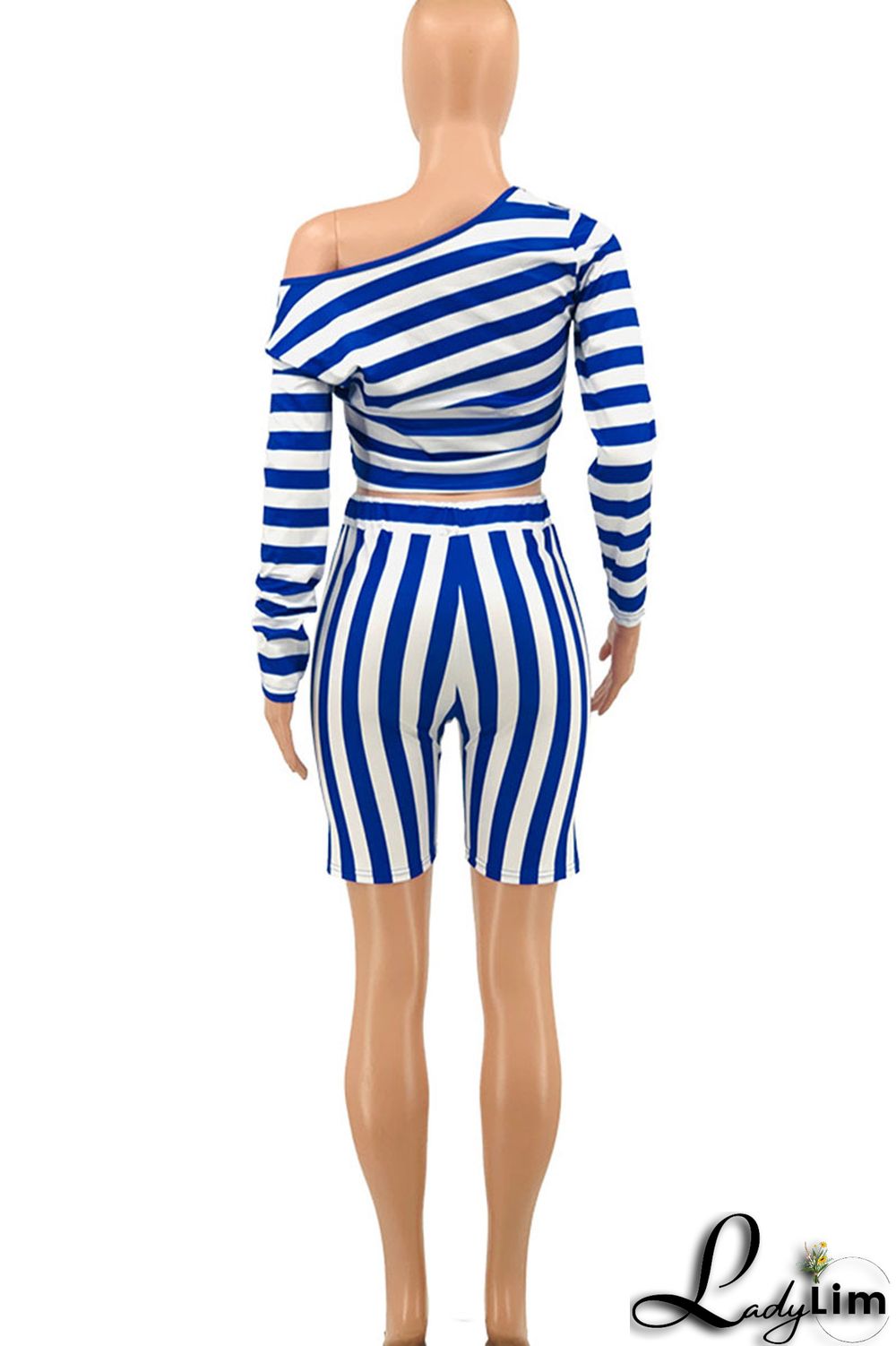 Blue Casual Striped Print Patchwork Asymmetrical Collar Plus Size Two Pieces