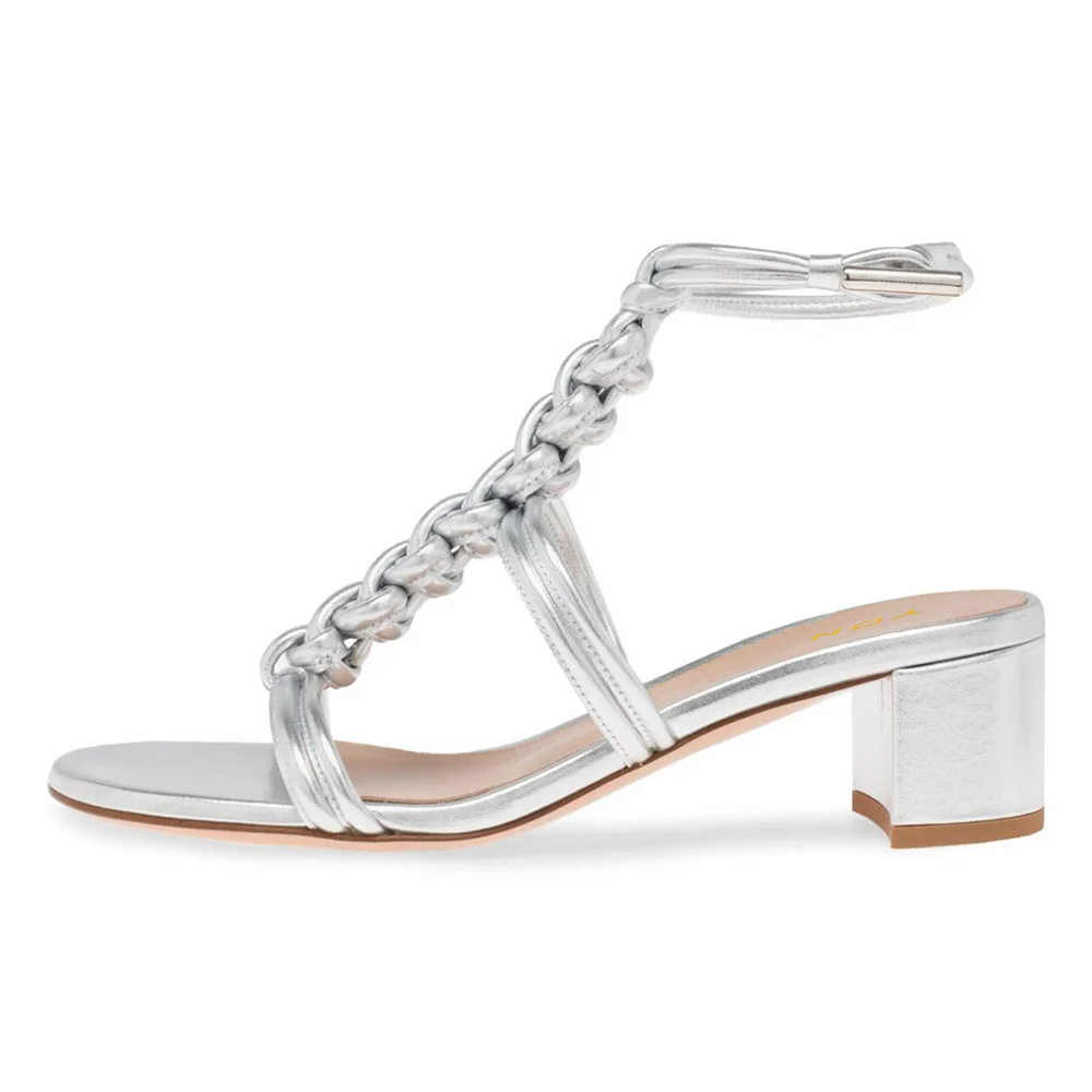 YDN Silver Open Round Toe Braided Trendy Strap Heels Sandals