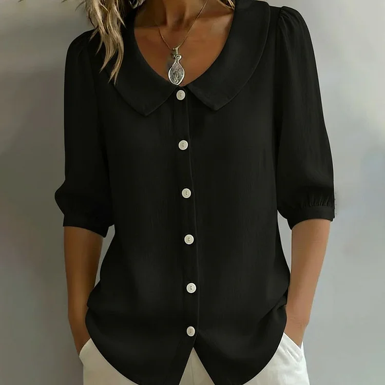 Women's Puff Sleeve Doll Collar Button-up Shirt