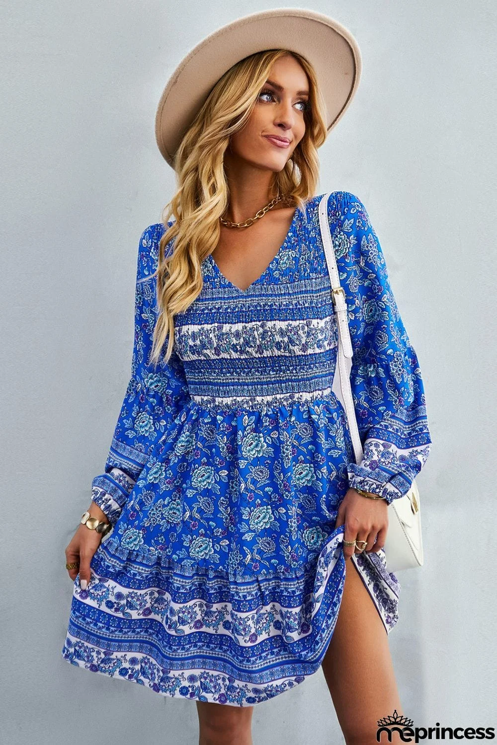Bohemian V-Neck Balloon Sleeve Dress