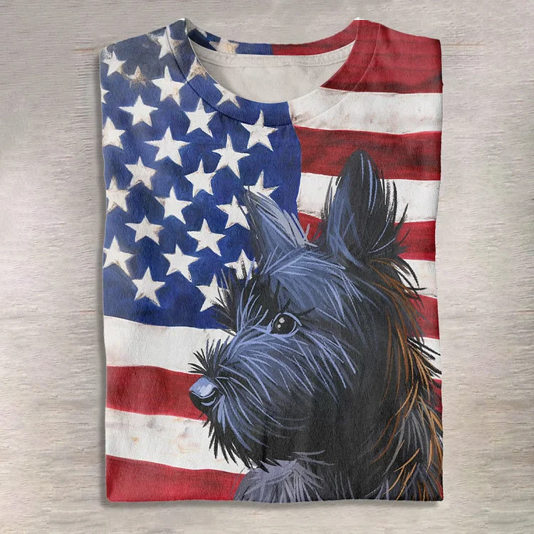 Women's Cute Terrier Dog American Flag Print Casual Short Sleeve T-shirt