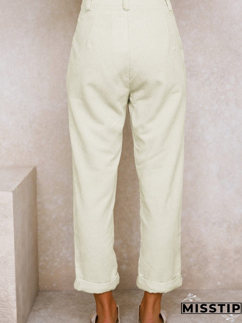 Beige Corduroy High Waist Trousers for Winter Casual Wear