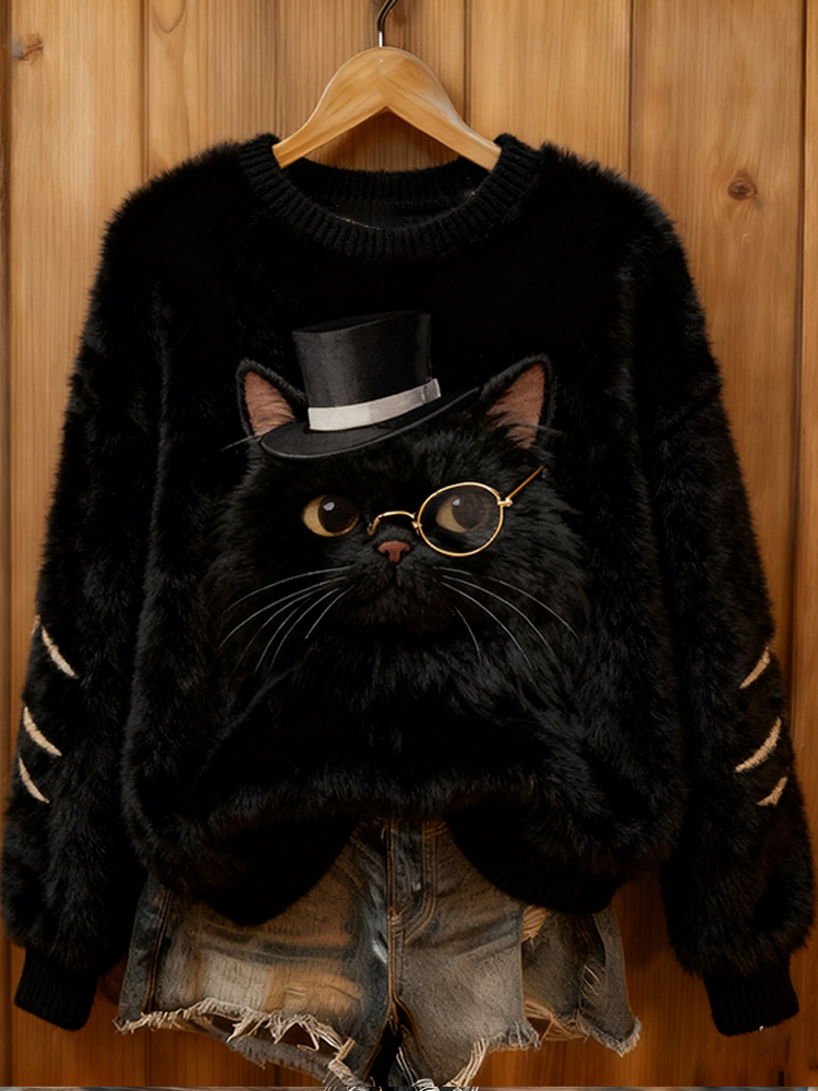 Sherlock Holmes Cat Black Flannel Crew Neck Sweatshirt elevenforest