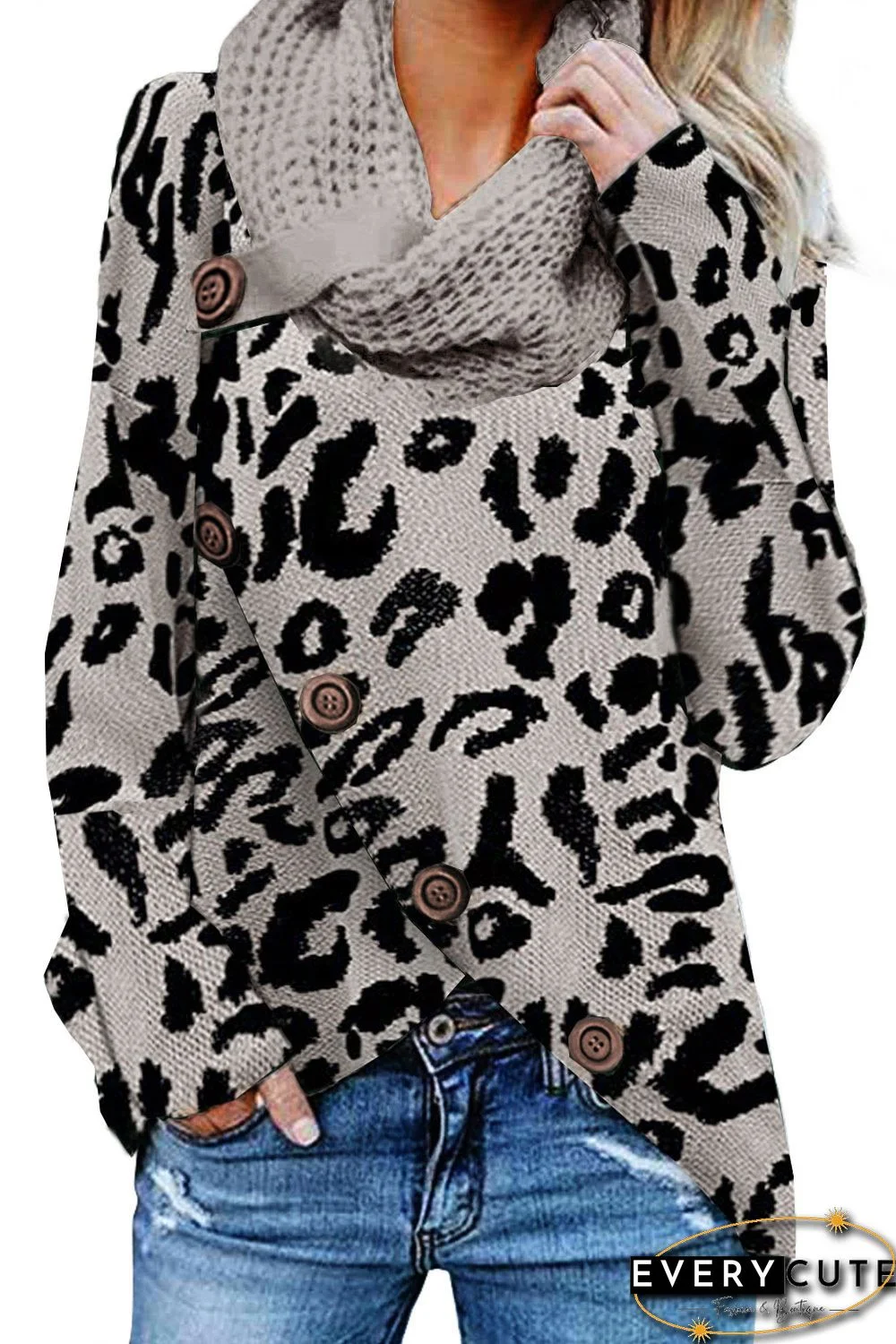 Gray Leopard Print Casual Knitted Sweater
