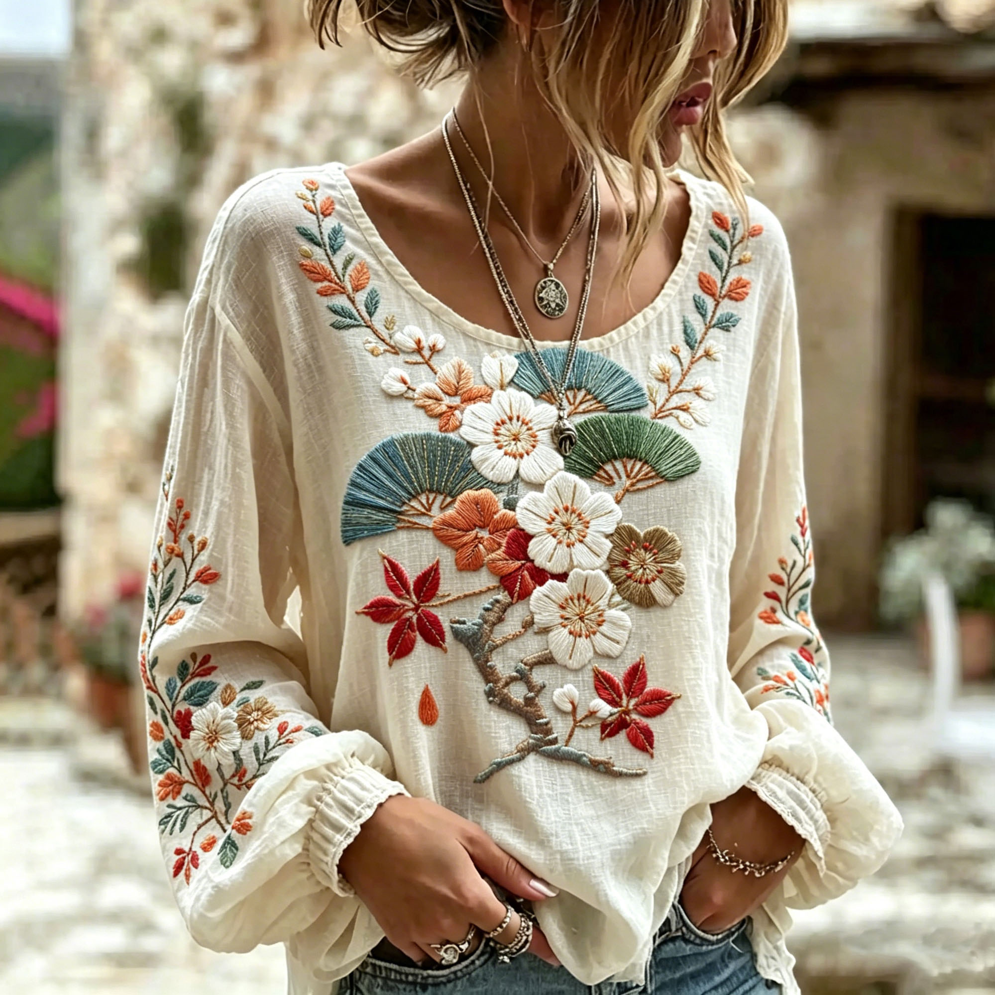 Women's Floral Pine Print Casual Long-sleeve T-shirt elevenforest