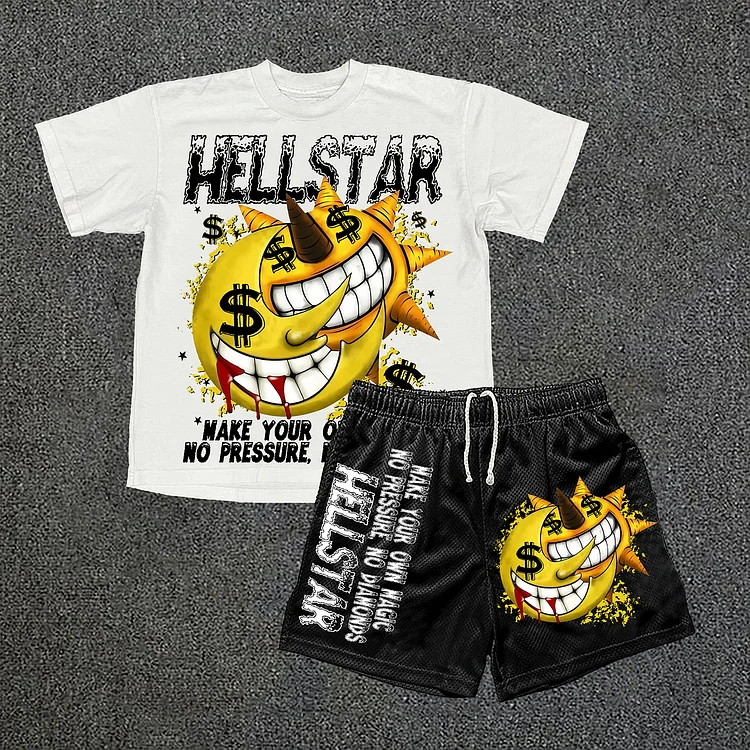 Street Hellstar Fun Cartoon Money Graphics Short Sleeve Tee & Shorts Two Piece Set SOPULA