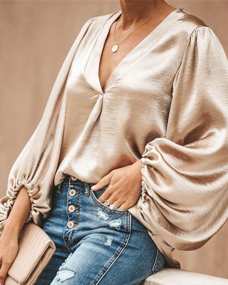 V Neck Long Sleeve Loose Blouse Tops