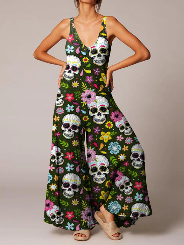 Skull flower casual loose jumpsuit