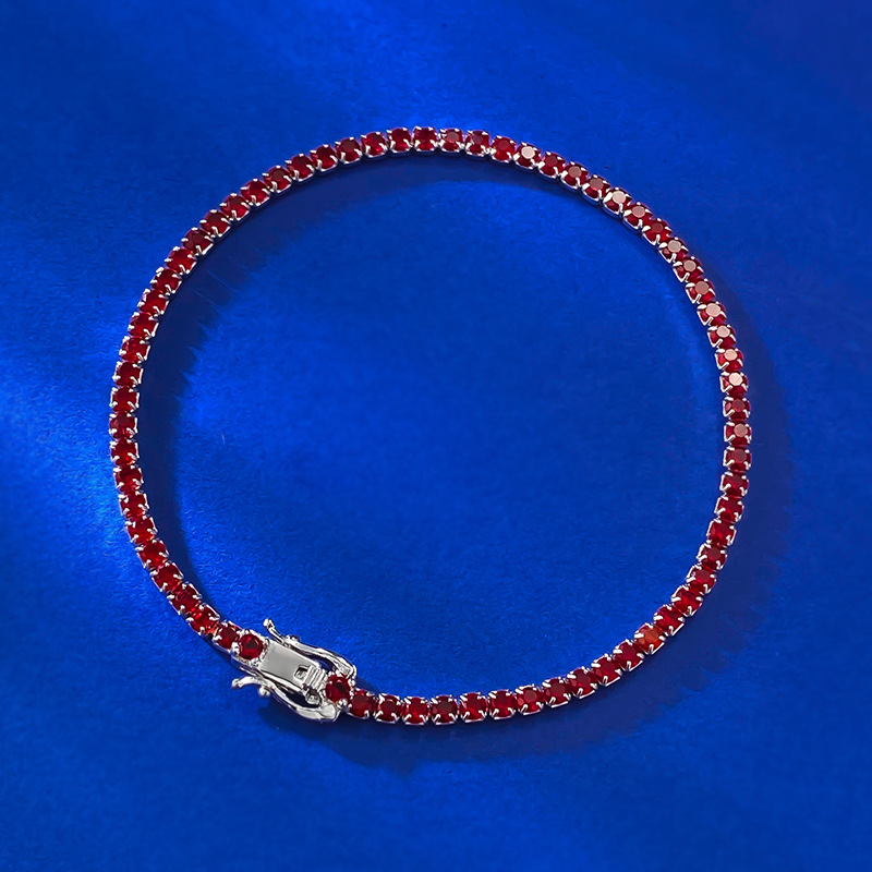 MIKAMU S925 Silver Tennis Bracelet for Women - Pigeon Blood Red Zirconia Single Row Full Diamond Pave